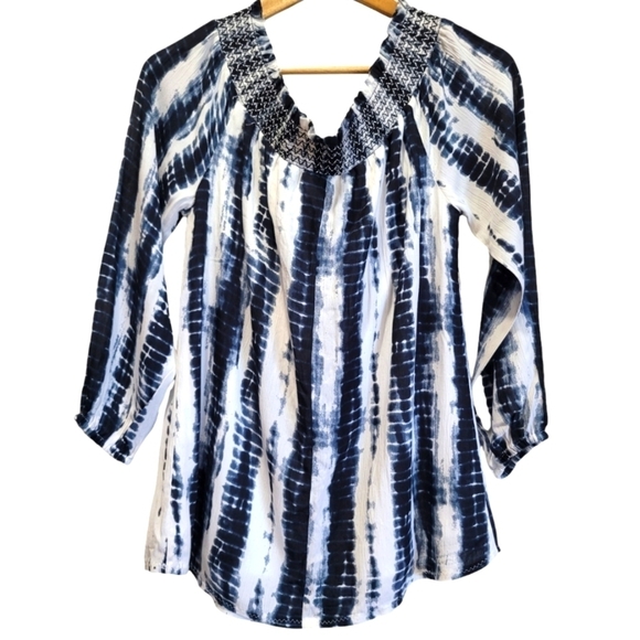 Large Tie Dye Smocked Lined Tassle String Long Sleeve Off the Shoulder Tunic - Picture 3 of 7